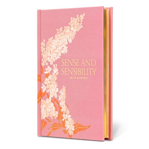 Pink hardcover book of Sense and Sensibility with white floral illustrations.