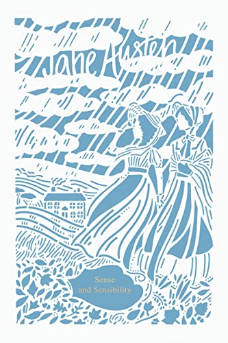 Blue and white stylized illustration of two women in Regency dresses outdoors.
