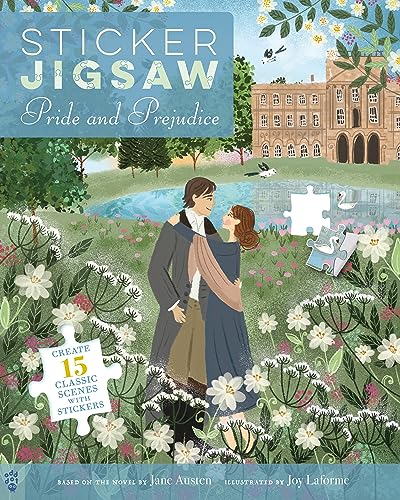 Pride and Prejudice" sticker jigsaw puzzle cover with couple and stately home.