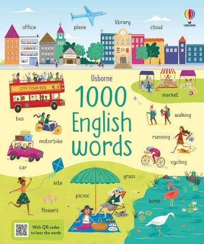 Colorful children’s book cover, “1000 English Words,” with illustrated scenes and text.