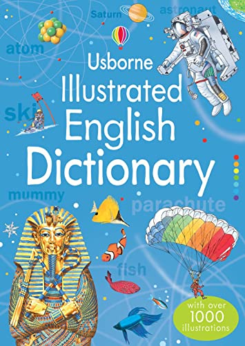 Blue book cover titled Illustrated English Dictionary featuring an astronaut, Tutankhamun mask, and fish.