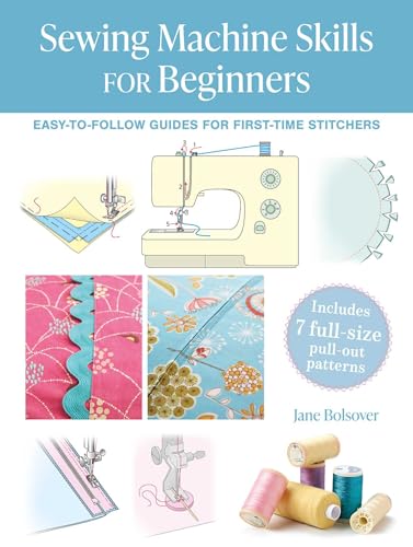Sewing machine book cover with illustrations of tools and fabric.