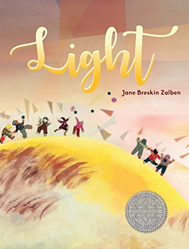 Book cover: children jumping on a golden hill under colorful paper shapes.