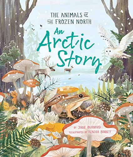 Book cover featuring a frog, mushrooms, reindeer, and an owl in a snowy landscape.