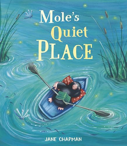 Mole in a blue boat, reading a book on calm water.