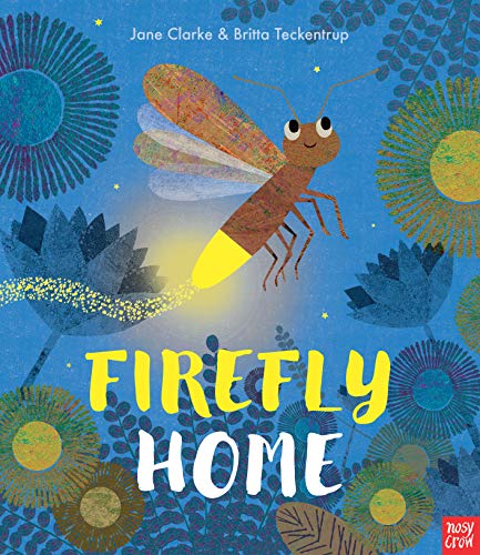Book cover: illustrated firefly glowing amidst blue floral foliage.