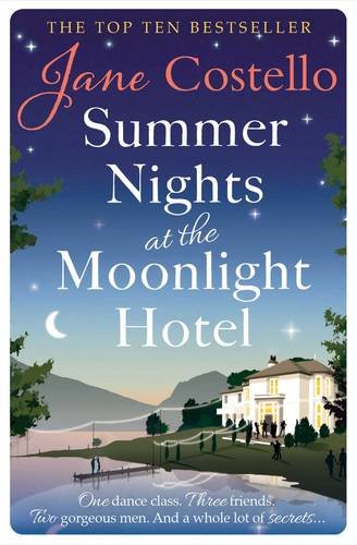 Book cover: "Summer Nights at the Moonlight Hotel" with a lakeside hotel scene.