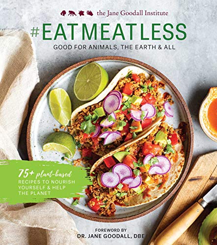 Cookbook cover with plant-based tacos, limes, and avocado, promoting reduced meat consumption.