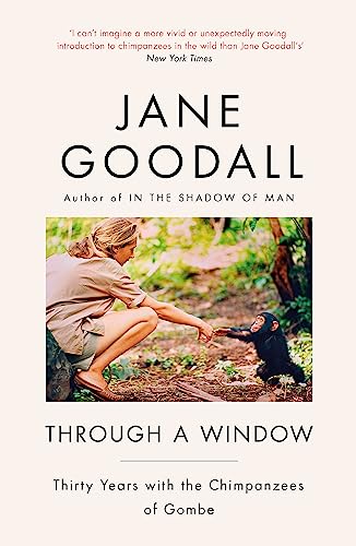Book cover showing Jane Goodall reaching out to touch a young chimpanzee in nature.