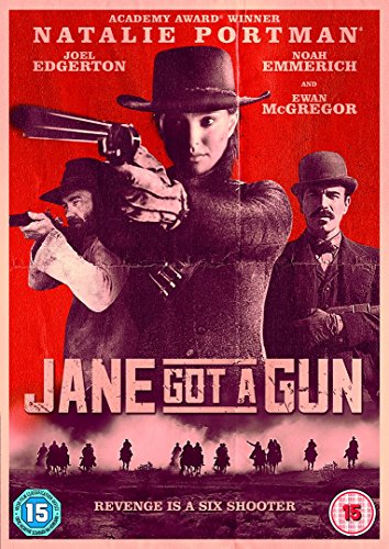 "Western DVD cover featuring Natalie Portman holding a gun, with two men beside her."