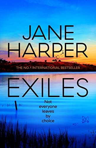 Book cover for "Exiles" by Jane Harper, featuring a sunset landscape.