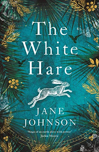 Book cover with a running hare, gold foliage, and text on a teal background.