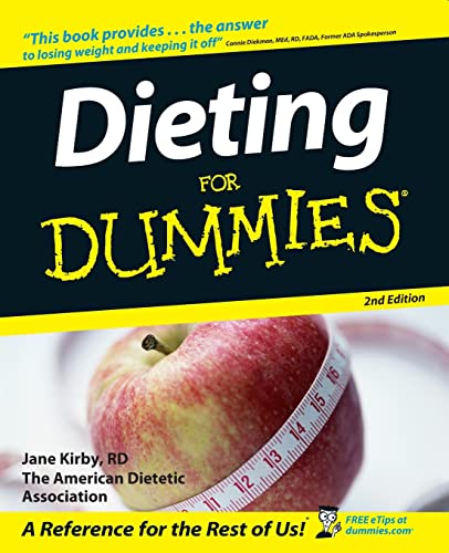 Book cover: "Dieting For Dummies" with an apple and measuring tape.