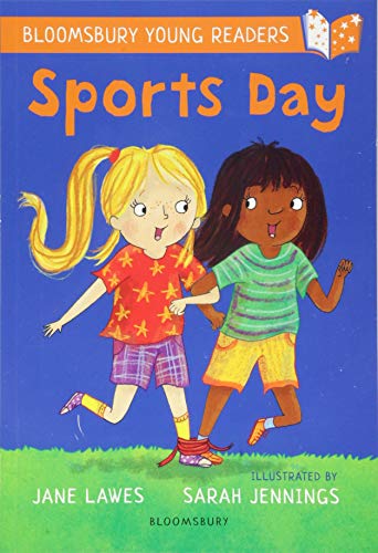 Book cover: two young girls running on a bright blue and green background.