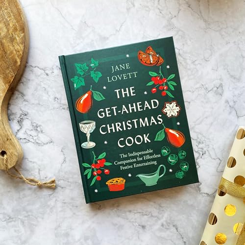 Green cookbook, “The Get-Ahead Christmas,” with festive illustrations and text.