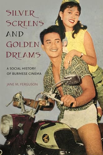 Book cover featuring a smiling Burmese film couple with a vintage motorcycle.