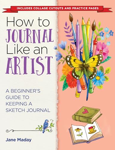 Book cover with art supplies, a butterfly, and open journals.