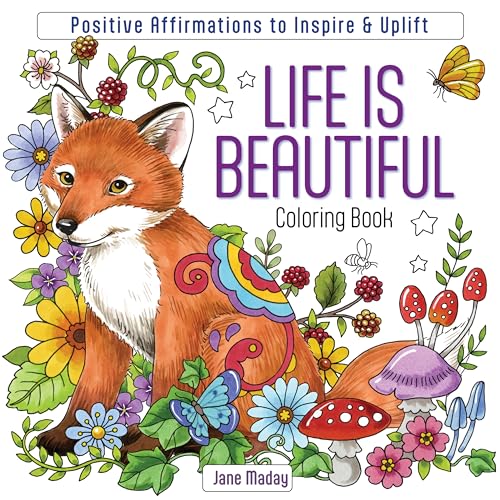 Fox surrounded by colorful flowers and mushrooms on a coloring book cover.