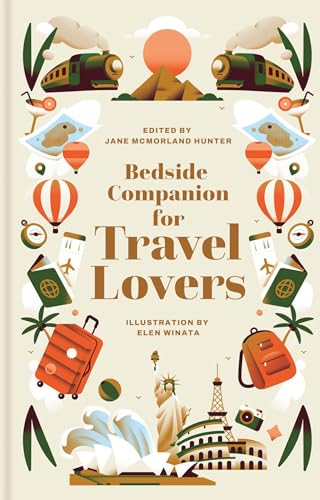 Book cover with travel illustrations: trains, pyramids, Statue of Liberty.