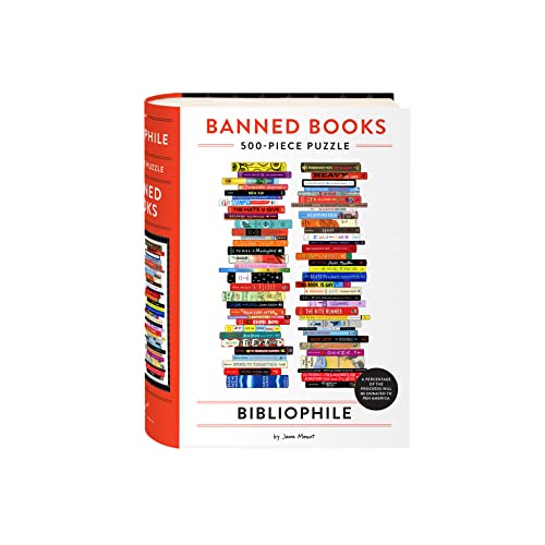 Red puzzle box depicting stacked banned books, 500 pieces.