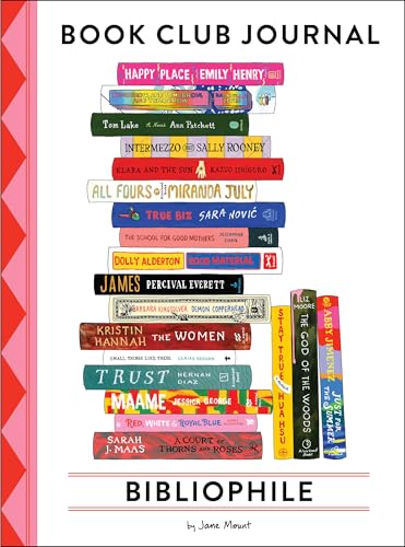Book club journal cover with stacked books and red zigzag design.