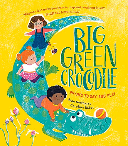Book cover: children playing on a large, green crocodile’s back.