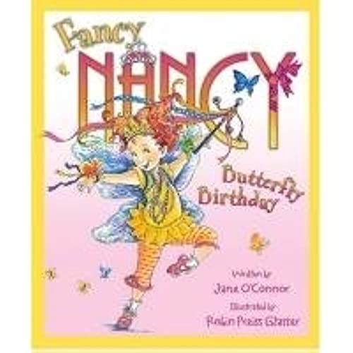 Fancy Nancy dressed as a fairy with butterfly wings on a book cover.