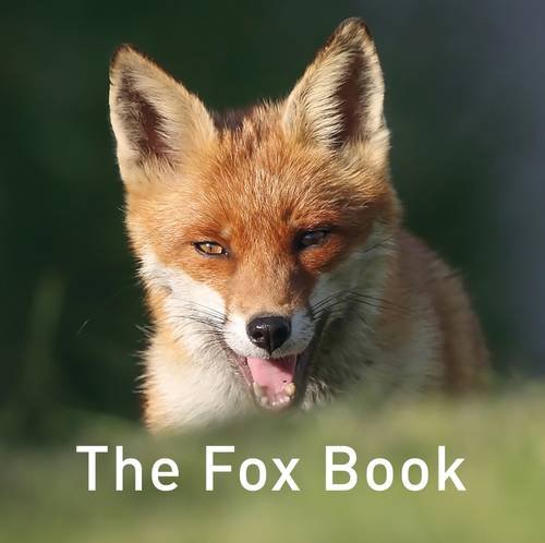 Close-up of a red fox with its mouth open, below the text The Fox Book.