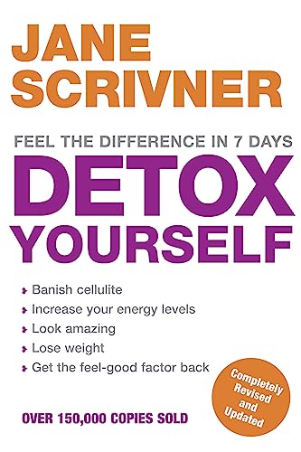 Book cover: "Detox Yourself" by Jane Scrivner, purple text on white background.