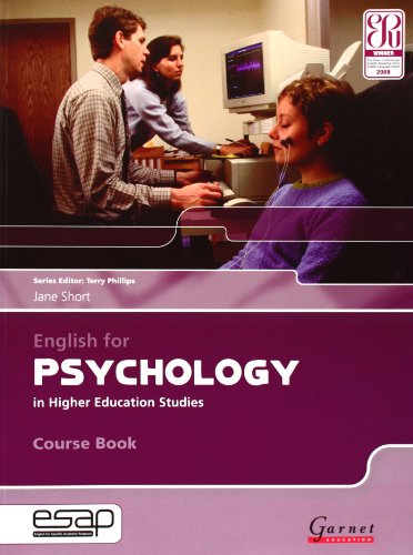 Book cover: "English for Psychology" with students using computers.