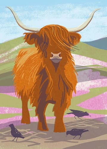 Illustrated notebook featuring a highland cow on the cover with a natural scenery background.