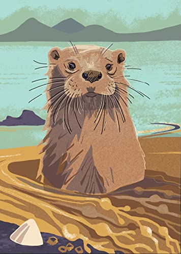 Illustration of an otter’s head and shoulders in a watery landscape.