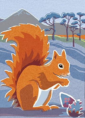 Illustration of a red squirrel with a pinecone in a natural landscape.