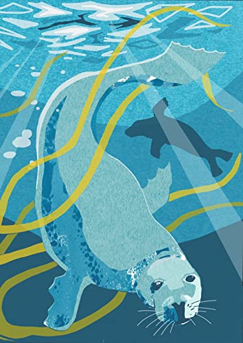 Stylized illustration of a seal swimming underwater among yellow kelp with light rays.