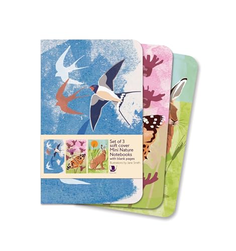 Three small notebooks with bird, flower, and hare illustrations.