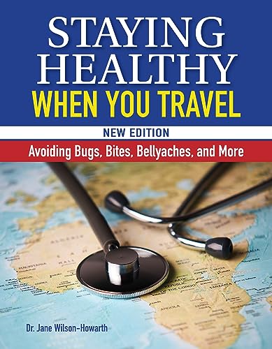Book cover with stethoscope on a world map, travel health guide.
