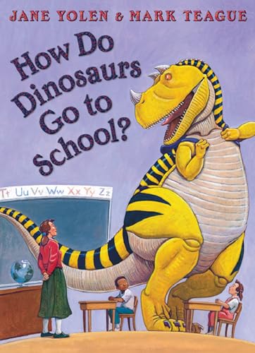 Yellow dinosaur in a classroom with a teacher and students.