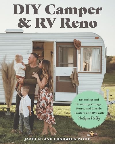 Book cover featuring a family and a renovated vintage camper trailer.