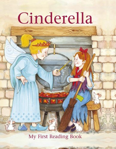 Cinderella with fairy godmother and mice near a fireplace, book cover.