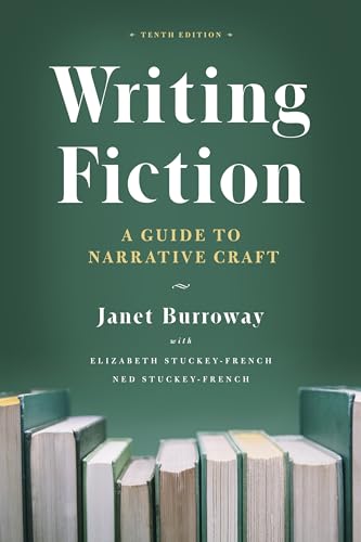 Book cover for "Writing Fiction," tenth edition, with stacked books.
