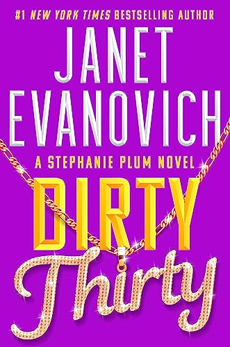 Book cover: “Dirty Thirty” by Janet Evanovich, purple and gold lettering.