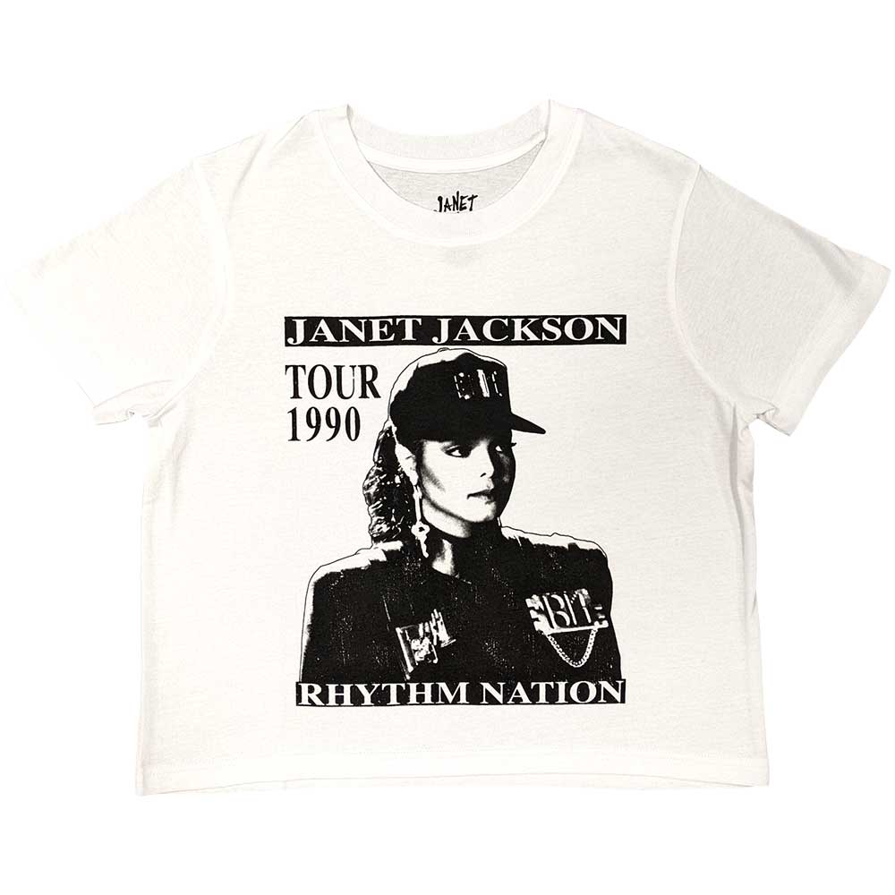 Ladies' black crop top featuring Janet Jackson's Rhythm Nation album artwork.