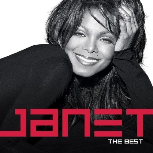 Black and white portrait of Janet Jackson with red album title.