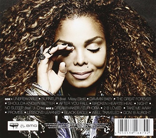 Janet Jackson's album cover with her portrait and the title "Unbreakable" in text overlay.