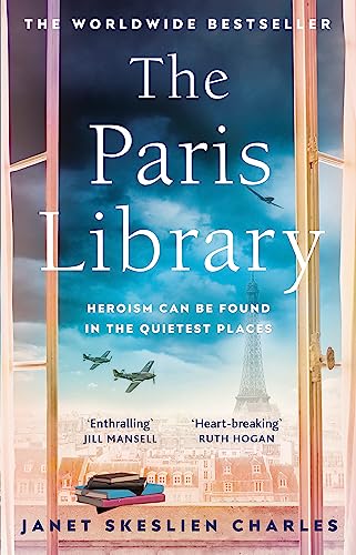 Book cover for The Paris Library showing the Eiffel Tower through a window with planes.