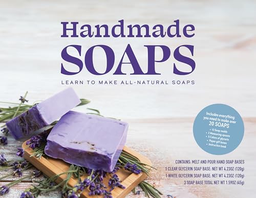 Handmade soaps kit packaging with lavender and purple soap blocks shown.