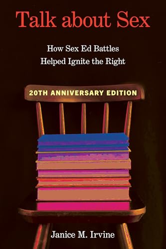 Book cover: "Talk about Sex" with stacked books and a chair.
