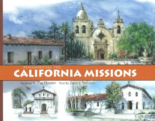 Watercolor paintings of historic California missions with red tile roofs.