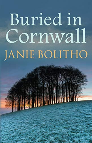 Book cover: "Buried in Cornwall" with silhouetted trees at sunset.