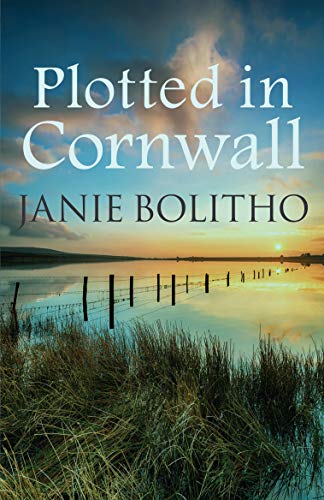 Book cover: "Plotted in Cornwall" with a coastal sunset landscape.